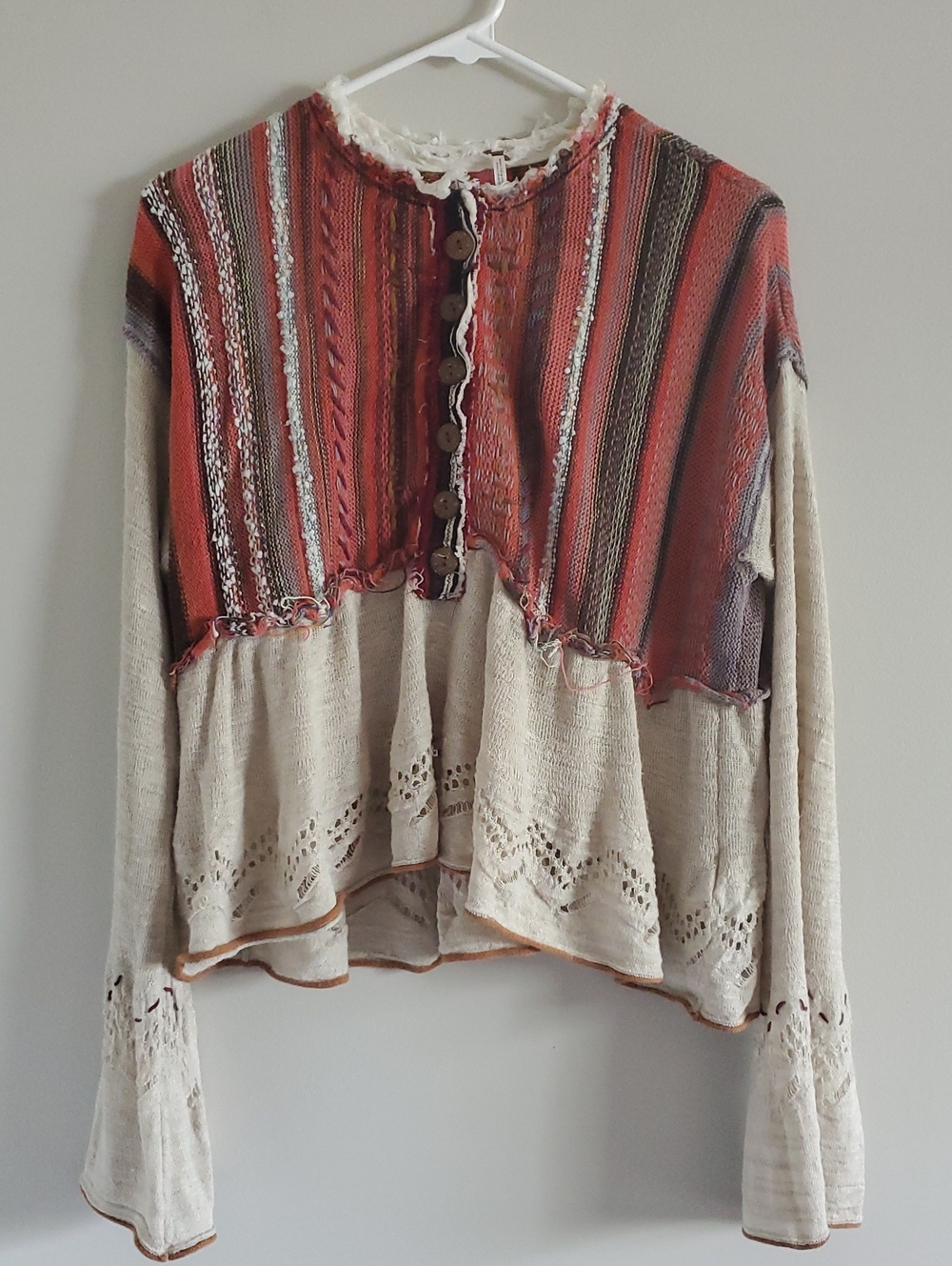 Free People Meadow Lake Striped Patchwork Button-Front Top Sz S Boho Distressed